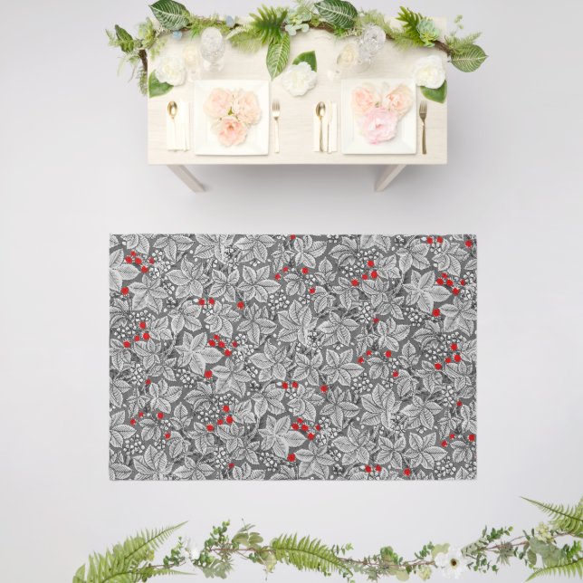 Art Nouveau Strawberries and Leaves, Silver Gray Outdoor Rug (Insitu (Wedding 2))