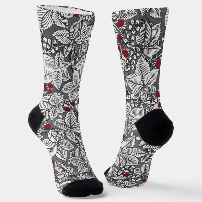 Art Nouveau Strawberries and Leaves, Silver Gray Socks (Angled)