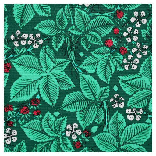 Art Nouveau Strawberries and Leaves, Turquoise Fabric