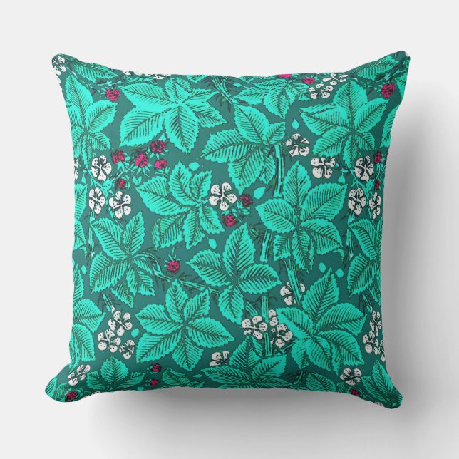 Art Nouveau Strawberries and Leaves, Turquoise Outdoor Pillow (Front)