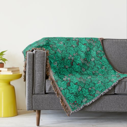 Art Nouveau Strawberries and Leaves Turquoise Throw Blanket