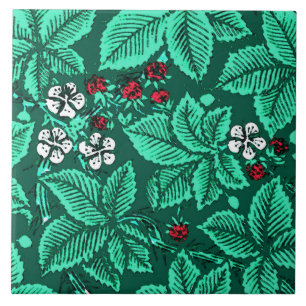 Art Nouveau Strawberries and Leaves, Turquoise Tile