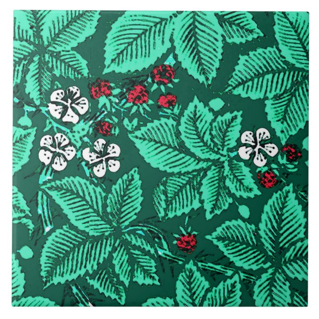 Art Nouveau Strawberries and Leaves, Turquoise Tile (Front)