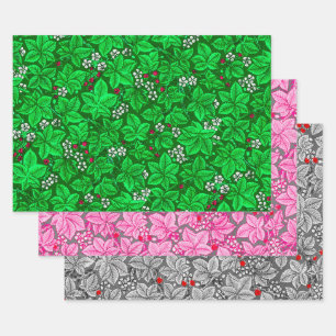 Art Nouveau Strawberries & Leaves, Green Pink Gray Wrapping Paper Sheets