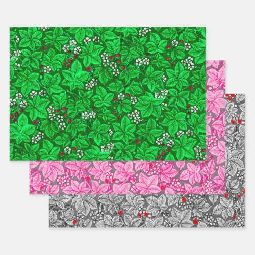 Art Nouveau Strawberries  Leaves Green Pink Gray Wrapping Paper Sheets