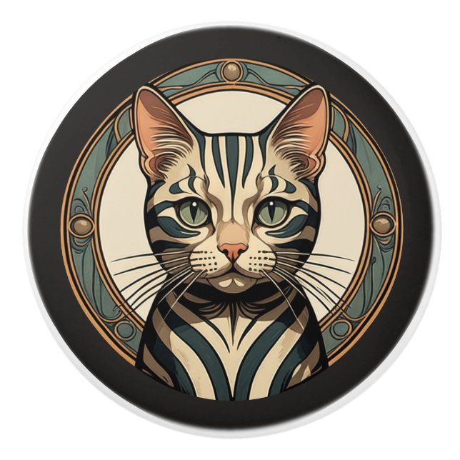 Art Nouveau Striped Cat Ceramic Knob (Front)