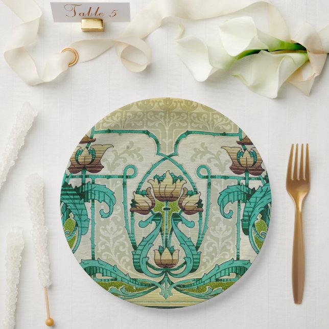 Art Nouveau Style Acanthus Leafs Bouquet Flowers Paper Plates (Wedding)