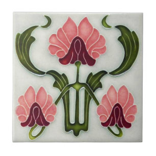 Art Nouveau Style Ceramic Tile. Pink/Green Tile