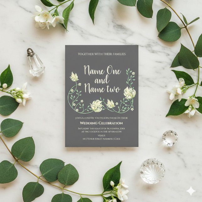 Art nouveau style dark floral wedding invitation (Dark art nouveau and cream flowers wedding invitation.)