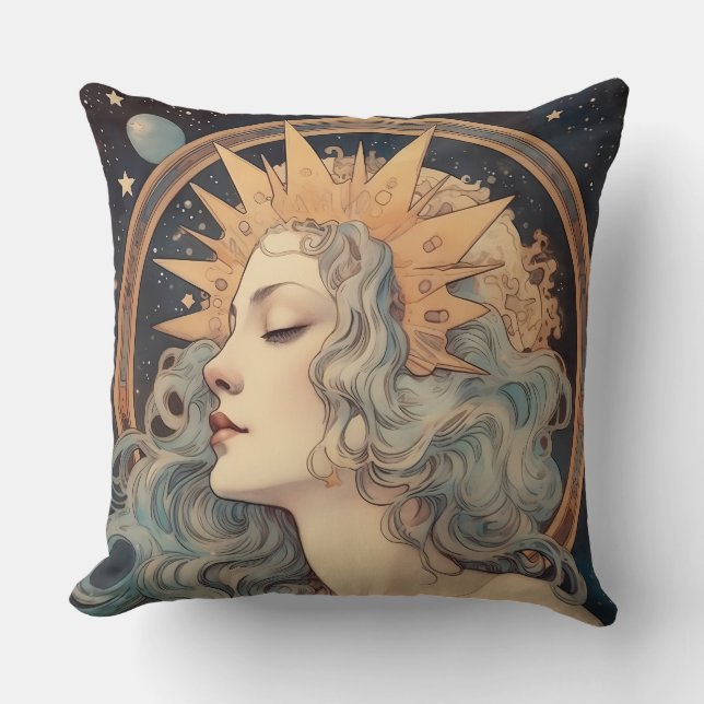 Art Nouveau Style Moon Stars Princess Throw Pillow (Front)