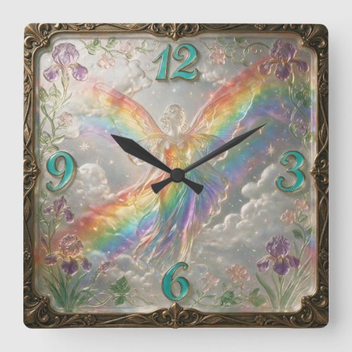 Art Nouveau Style Rainbow Goddess Iris Square Wall Clock