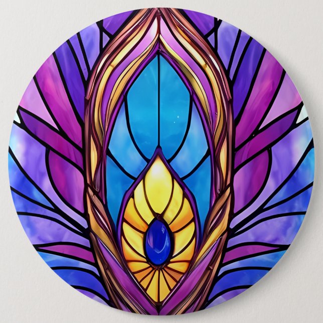 Art Nouveau Style Stained Glass Peacock Feather Button (Front)