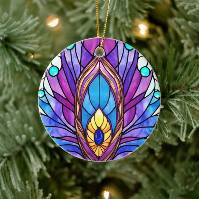 Art Nouveau Style Stained Glass Peacock Feather Ceramic Ornament (Tree)