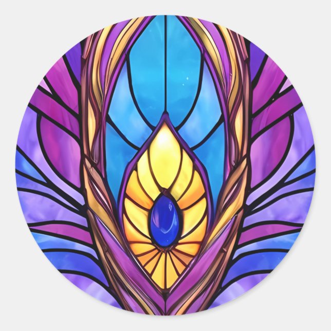 Art Nouveau Style Stained Glass Peacock Feather Classic Round Sticker (Front)