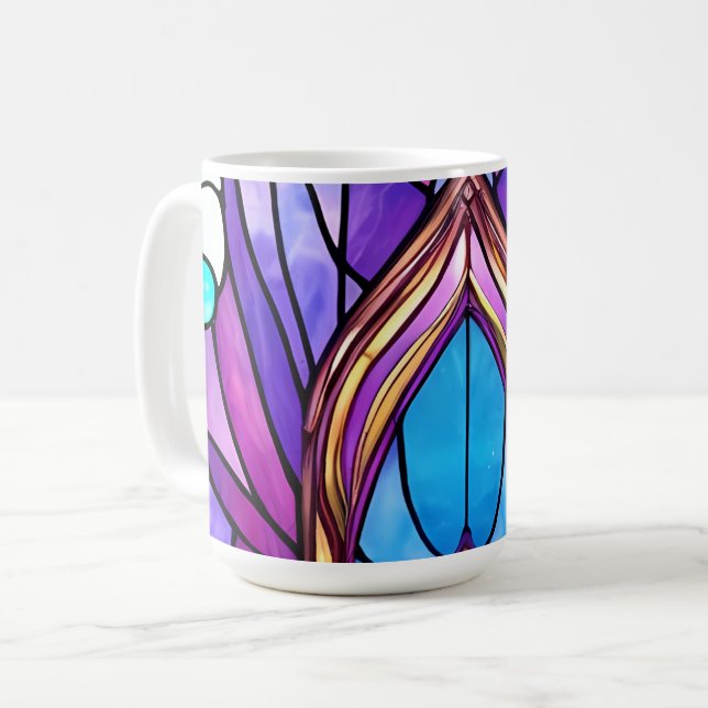 Art Nouveau Style Stained Glass Peacock Feather Coffee Mug (Front Left)