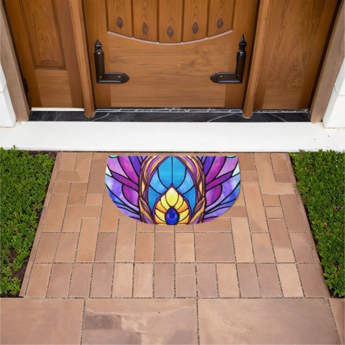 Art Nouveau Style Stained Glass Peacock Feather Doormat