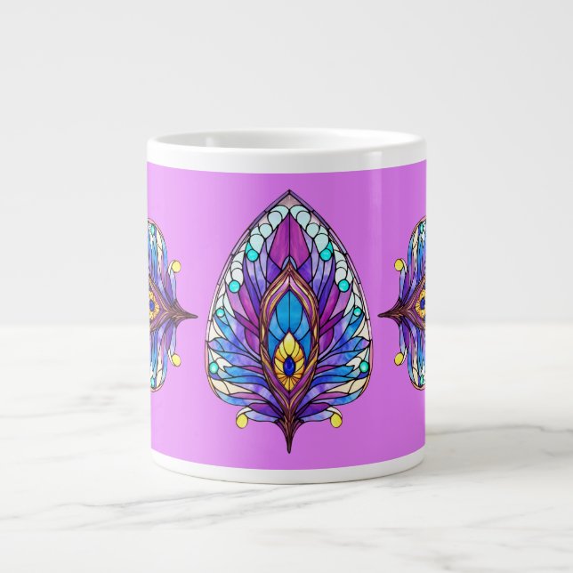 Art Nouveau Style Stained Glass Peacock Feather Giant Coffee Mug (Front)