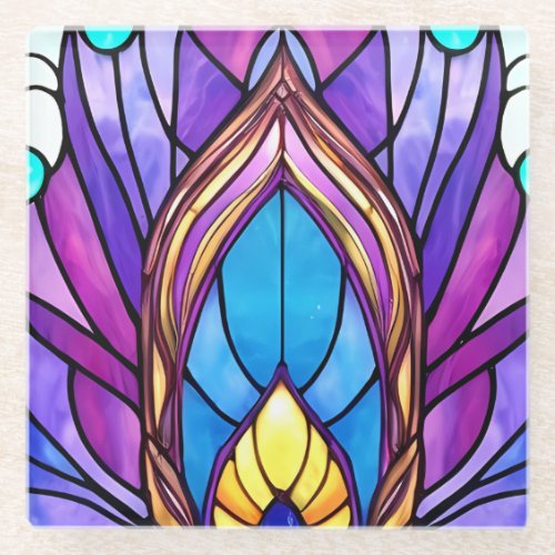 Art Nouveau Style Stained Glass Peacock Feather Glass Coaster
