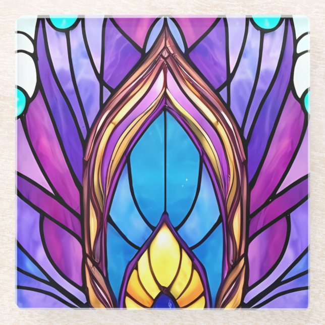 Art Nouveau Style Stained Glass Peacock Feather Glass Coaster (Front)