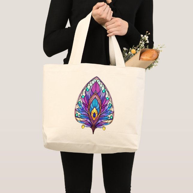 Art Nouveau Style Stained Glass Peacock Feather Large Tote Bag (Front (Product))