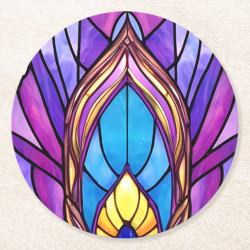 Art Nouveau Style Stained Glass Peacock Feather Round Paper Coaster