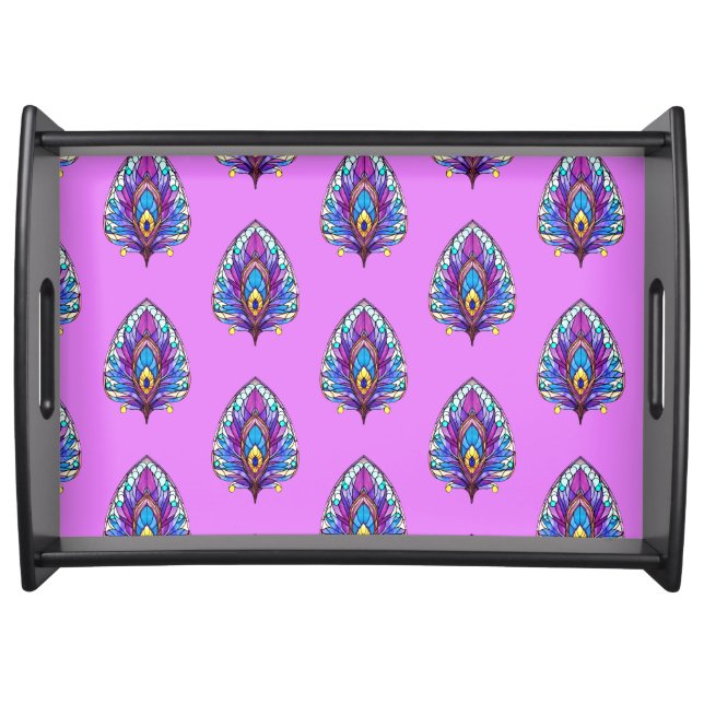 Art Nouveau Style Stained Glass Peacock Feather Serving Tray (Front)