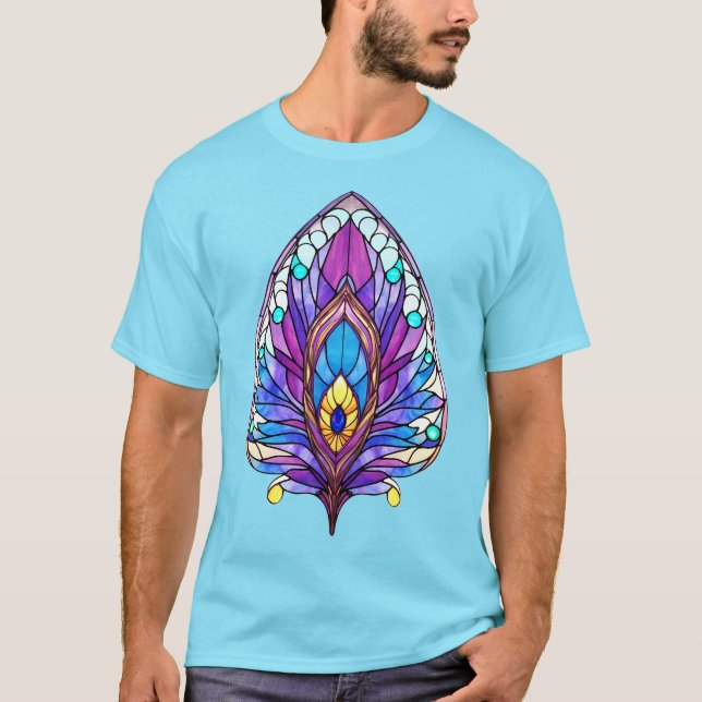 Art Nouveau Style Stained Glass Peacock Feather T-Shirt (Front)