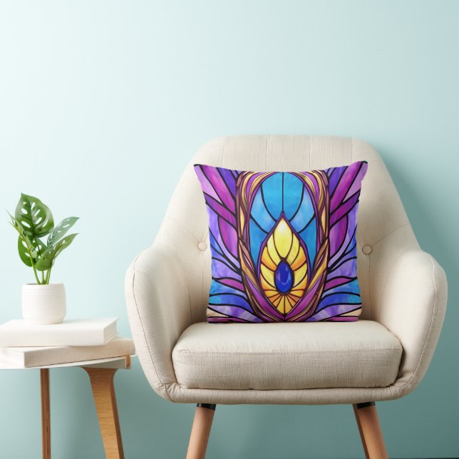 Art Nouveau Style Stained Glass Peacock Feather Throw Pillow (Chair)