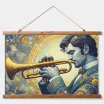 Art Nouveau style trumpet player tapestry. Hanging Tapestry
