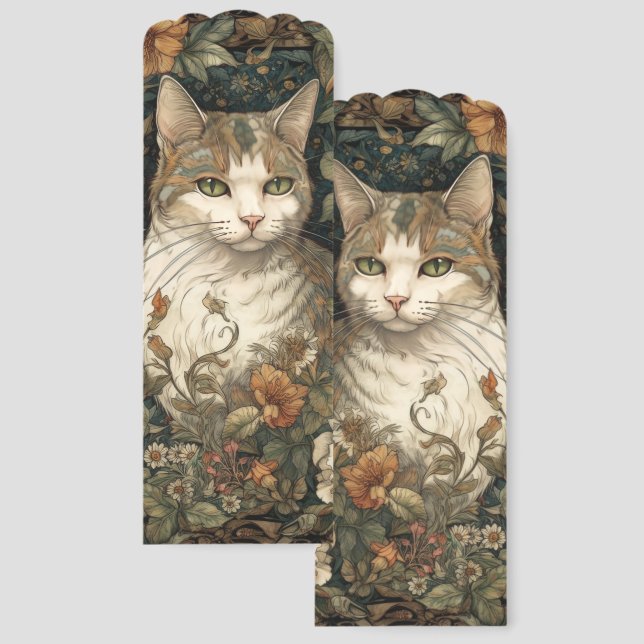 Art Nouveau Style White and Gray Cat Two-sided  Bookmarks (Front & Back)