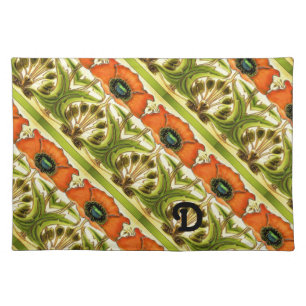 ART NOUVEAU STYLIZED GREEN RED POPPIES MONOGRAM CLOTH PLACEMAT