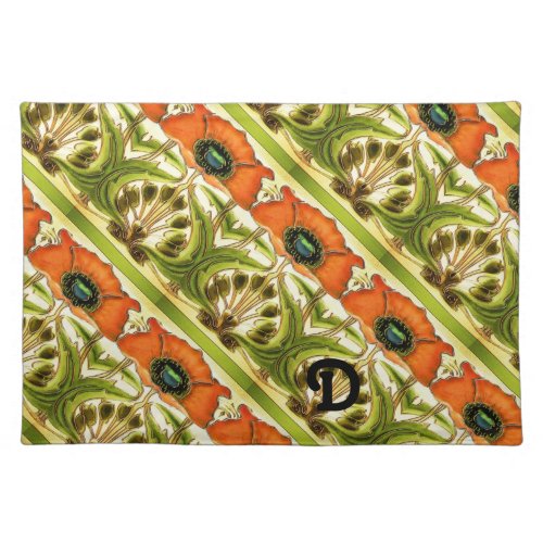 ART NOUVEAU  STYLIZED GREEN RED POPPIES MONOGRAM CLOTH PLACEMAT