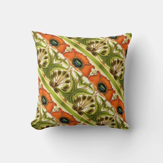 ART NOUVEAU  STYLIZED GREEN RED POPPIES THROW PILLOW (Front)