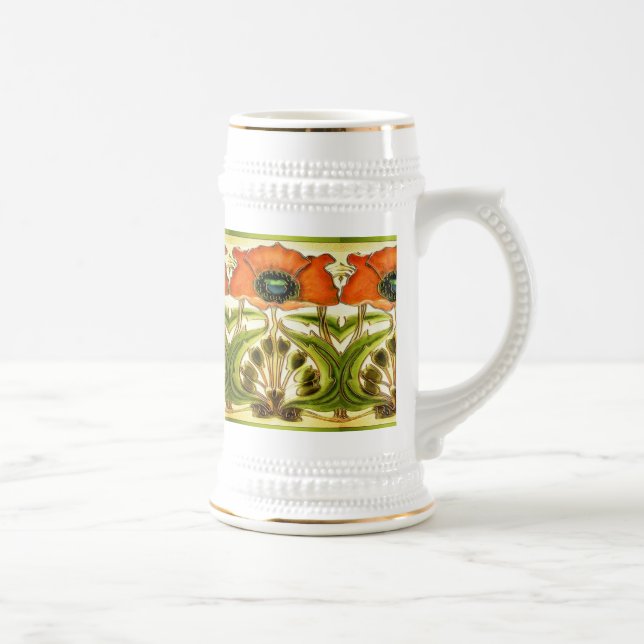 ART NOUVEAU STYLIZED GREEN RED POPPY BEER STEIN (Right)