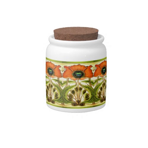 ART NOUVEAU STYLIZED GREEN RED POPPY CANDY JAR