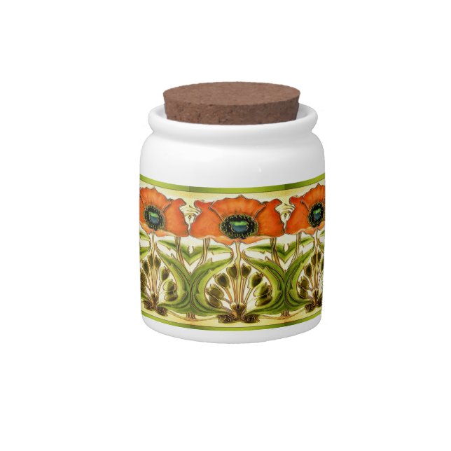 ART NOUVEAU STYLIZED GREEN RED POPPY CANDY JAR (Front)