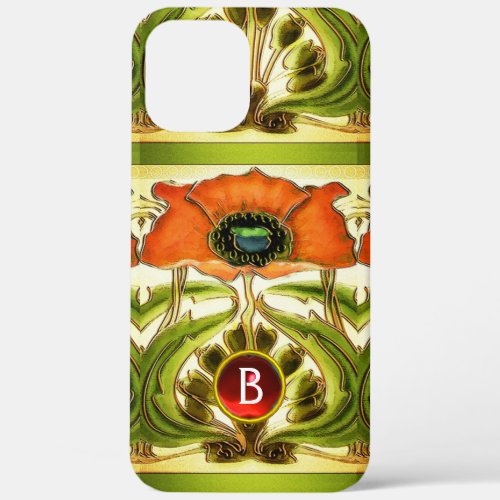 ART NOUVEAU  STYLIZED GREEN RED POPPY GEM MONOGRAM iPhone 12 PRO MAX CASE