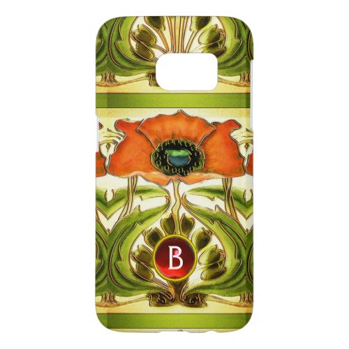 ART NOUVEAU  STYLIZED GREEN RED POPPY GEM MONOGRAM SAMSUNG GALAXY S7 CASE