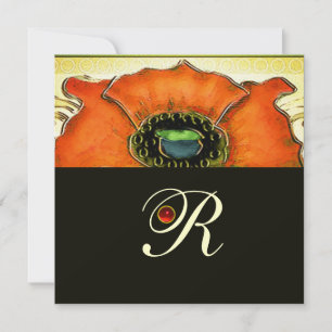 ART NOUVEAU  STYLIZED GREEN RED POPPY GEM MONOGRAM INVITATION