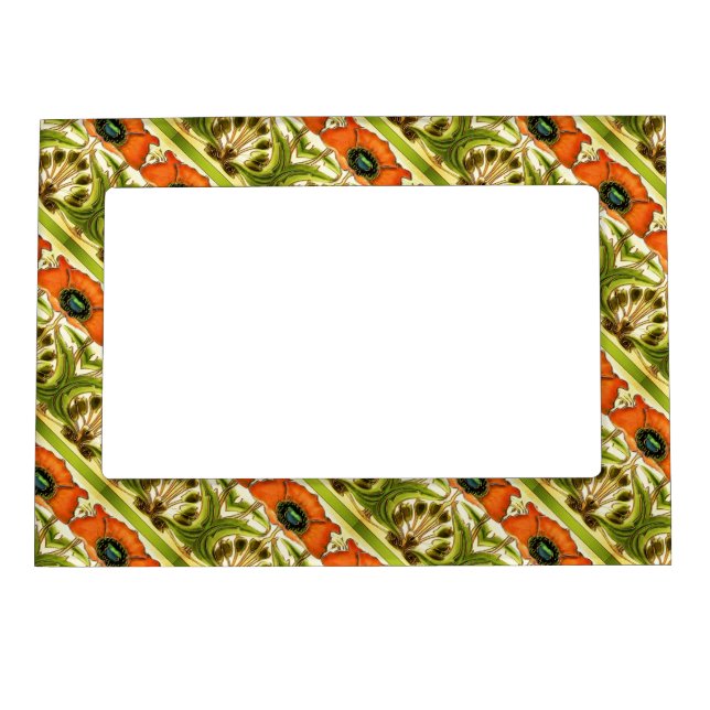 ART NOUVEAU STYLIZED GREEN RED POPPY MAGNETIC FRAME (Front)