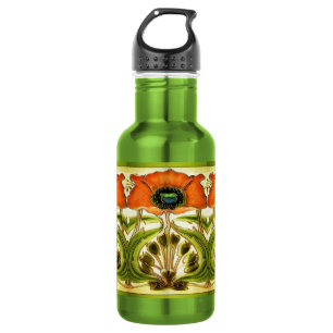 ART NOUVEAU STYLIZED GREEN RED POPPY WATER BOTTLE