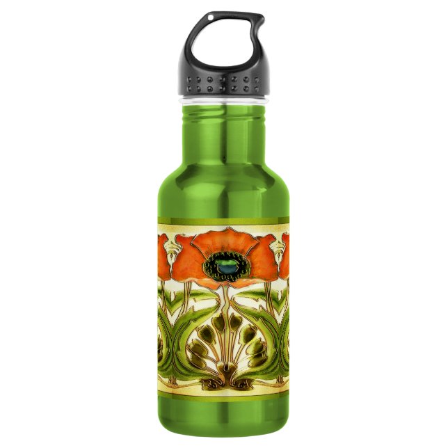 ART NOUVEAU STYLIZED GREEN RED POPPY WATER BOTTLE (Front)