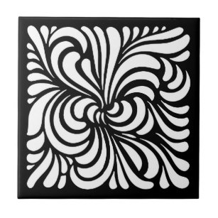 Art Nouveau Stylized Leaves, Black and White Tile