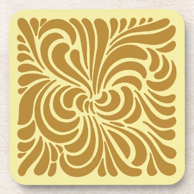 Art Nouveau Stylized Leaves, Mustard and Yellow Drink Coaster (Front)