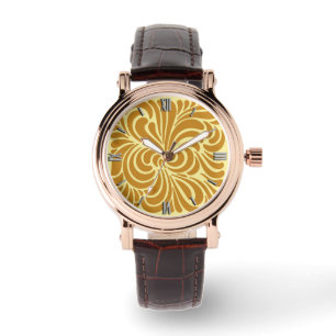 Art Nouveau Stylized Leaves, Mustard and Yellow Watch