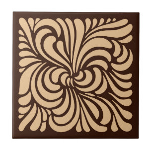 Art Nouveau Stylized Leaves, Tan and Dark Brown Tile