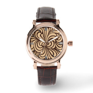 Art Nouveau Stylized Leaves, Tan and Dark Brown Watch