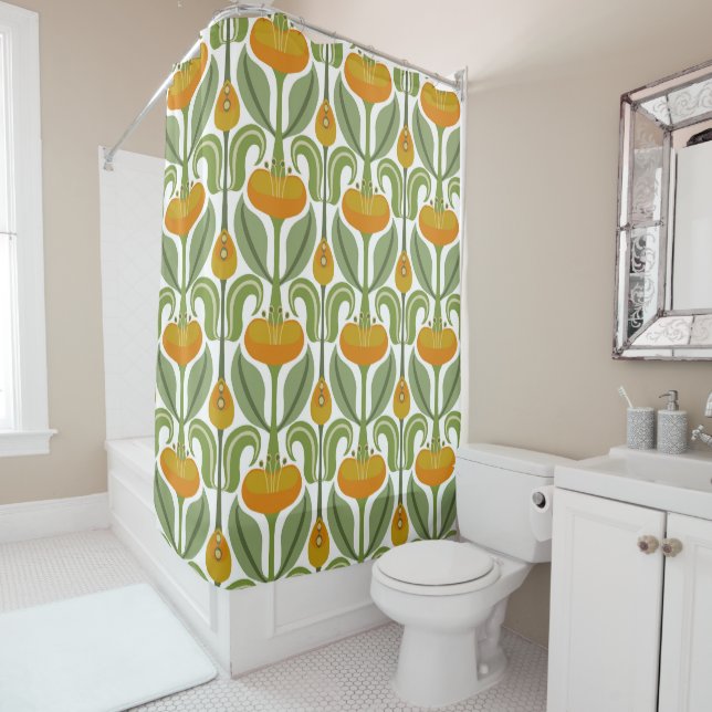 Art Nouveau Stylized Tulips Orange Shower Curtain (In Situ)