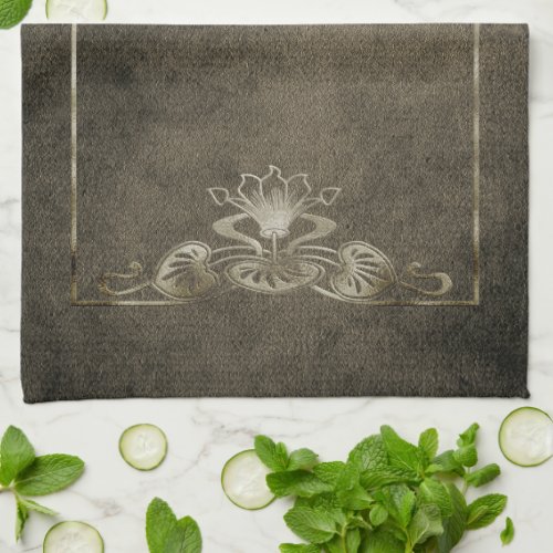 Art nouveau suede look elegant gold brown lotus kitchen towel