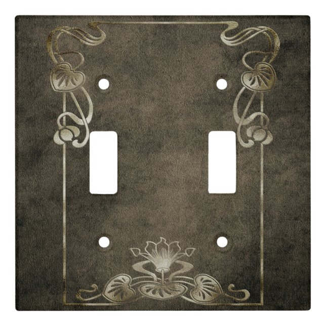 Art nouveau suede look elegant gold brown lotus light switch cover (Front)